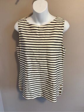 Ann Taylor Striped Gold Button Hem Shell Top Black White M